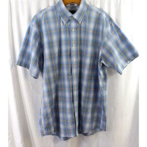Jos A Bank Mens Blue Orange Plaid Short Sleeve Cotton Button Down L
